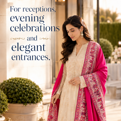 A woman models a traditional South Asian outfit consisting of a cream kurta with a bright pink embroidered dupatta and matching skirt. The image is set in an elegant outdoor patio environment with text overlay on the left side.