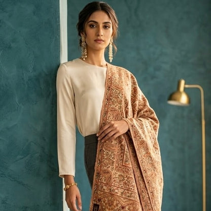 Beige Kani Wool Shawl - Scattered Floral Design for Everyday Wear