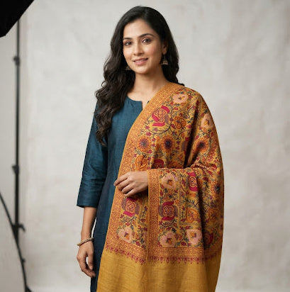 Mustard Nalki Pure Wool Jama Stole - Embroidered Wrap for Weddings & Evening Wear