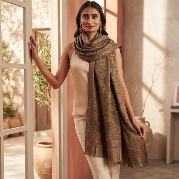 A woman models a beige sleeveless outfit with cream pants and beige heels, draped with a brown and green patterned shawl, standing in a warm-toned interior doorway.
