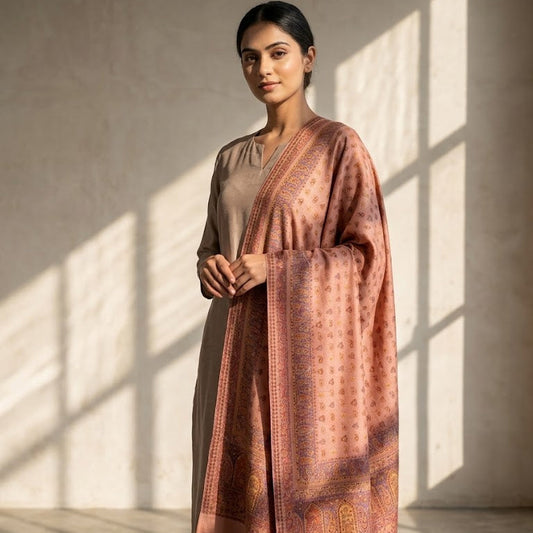 Silk Wool Kani Jamawar Shawl draped on a female model