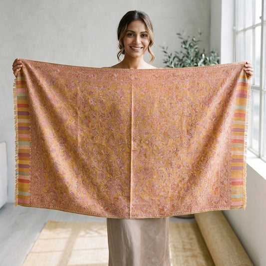 Silk Wool Kani Jamawar Shawl showcased on a female model