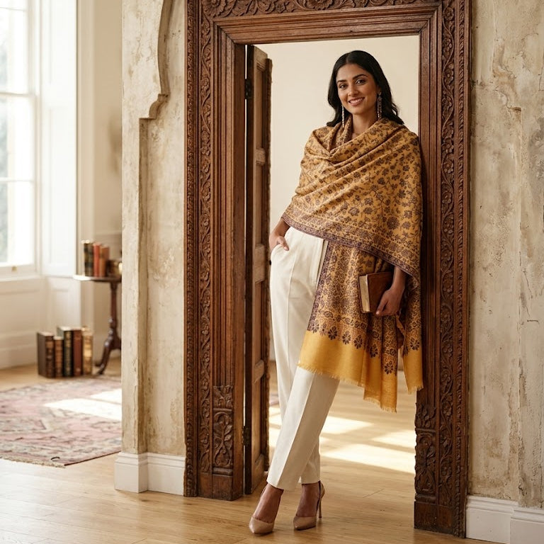 A woman stands in a carved wooden doorway wearing a mustard yellow and brown patterned shawl draped over her shoulders, white pants, and beige heels in a warm, rustic interior.
