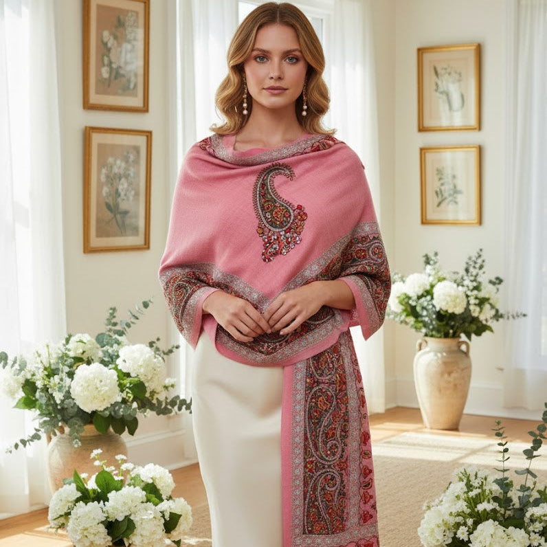 Pink sozni embroidery Shawl draped on a female model