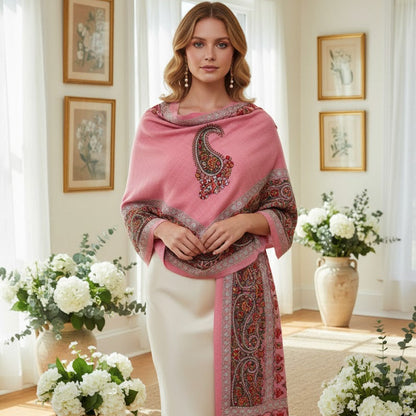 Pink sozni embroidery Shawl draped on a female model