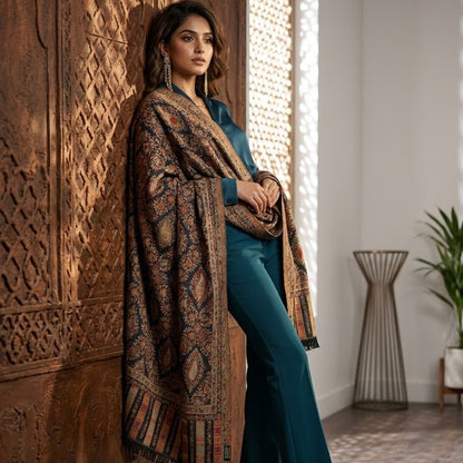 A woman models a teal blue pantsuit with a large, ornate brown and gold patterned shawl draped over her shoulders, standing in a room with a carved wooden wall panel.