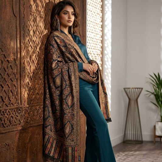 A woman models a teal blue pantsuit with a large, ornate brown and gold patterned shawl draped over her shoulders, standing in a room with a carved wooden wall panel.