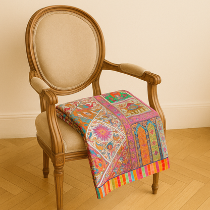 Decorative chair with a colorful patterned pashmina shawl on a wooden floor.