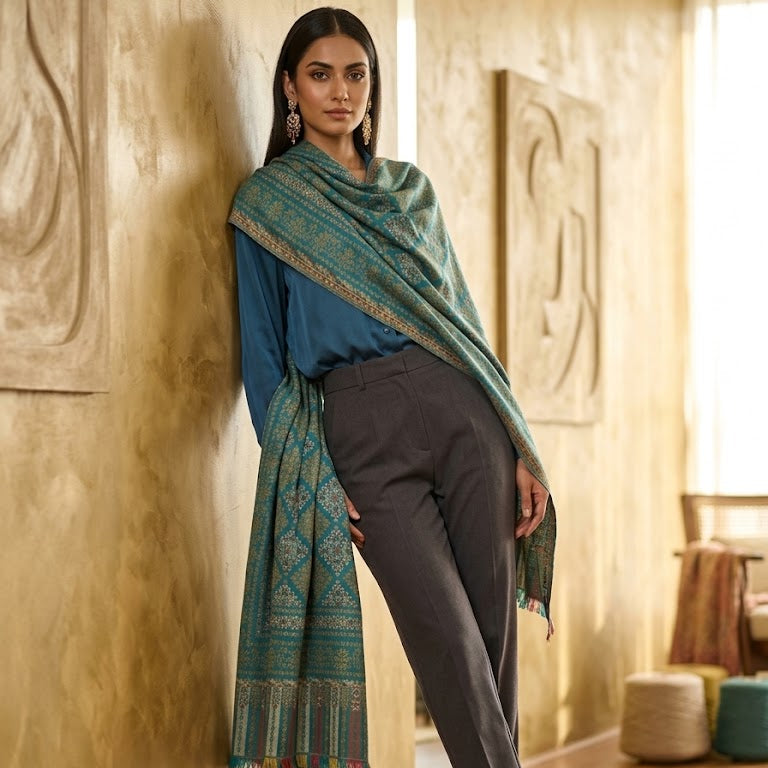 A woman models a teal and gold patterned shawl draped over her shoulders, paired with a blue top and dark gray trousers in a warm, modern interior setting.
