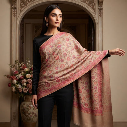A woman models a beige and pink patterned shawl draped over her shoulders, paired with a black outfit, standing in front of an ornate arched doorway with a floral arrangement in the background.