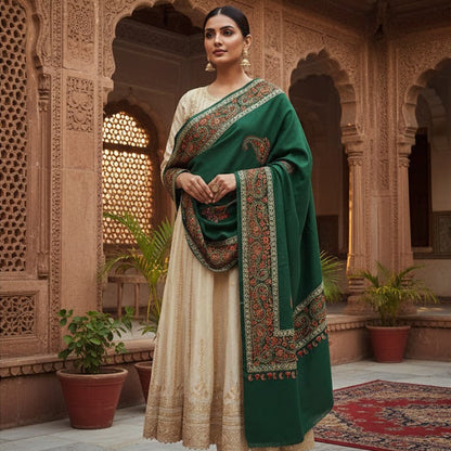 Woman in a green and beige traditional outfit standing in an ornate architectural setting.