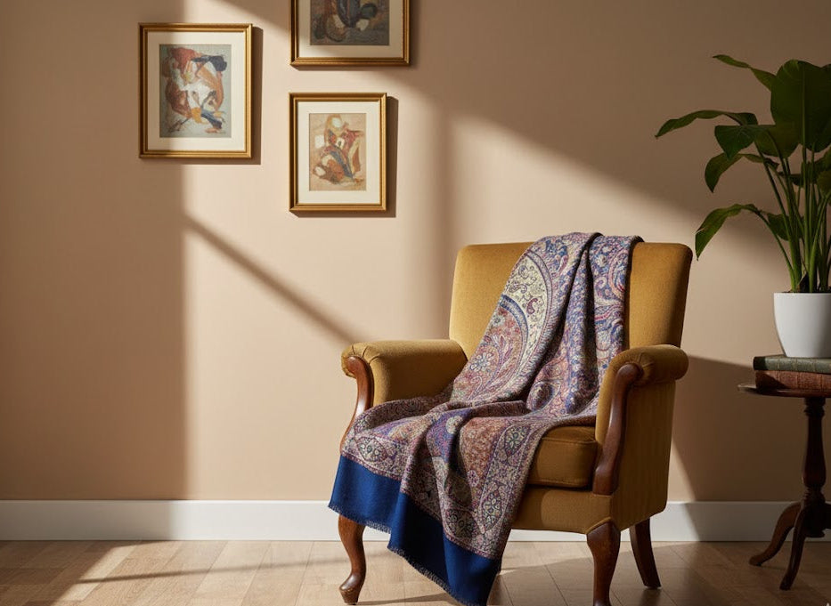 Yellow armchair with a deep indigo blue hand woven pure wool patterned jamawar kani shawl draped over it in a sunlit room.