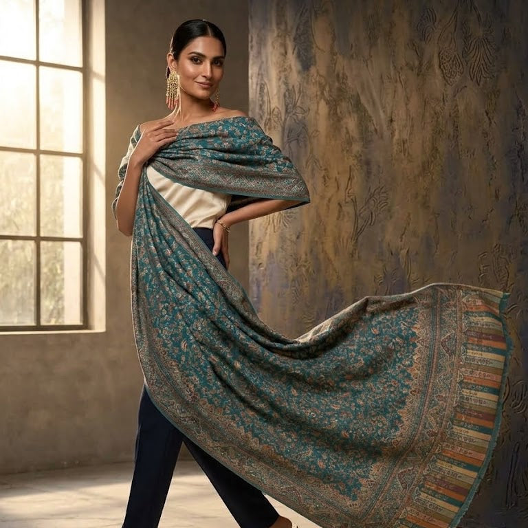 A woman models a flowing teal and gold patterned shawl draped over her shoulder, paired with a cream blouse and dark trousers, in an elegant room with a textured wall and window.