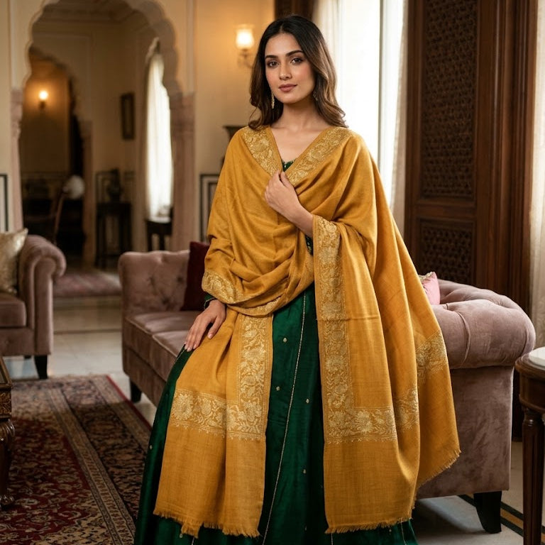 A woman stands in a traditional indoor room wearing a dark green skirt with gold embroidery and a mustard yellow shawl draped over her shoulders. The room features arched doorways, a patterned rug, and upholstered furniture.