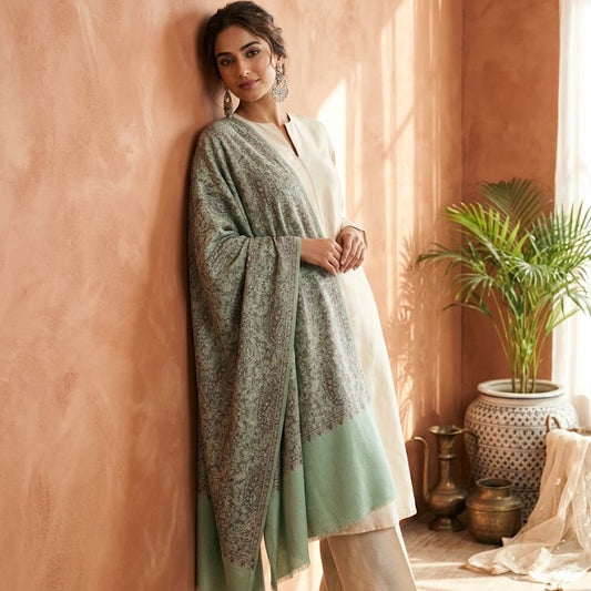 A woman models a traditional Indian outfit consisting of a white kurta, beige wide-leg trousers, and a sage green embroidered shawl, posed against a textured terracotta wall in a warm, sunlit room.
