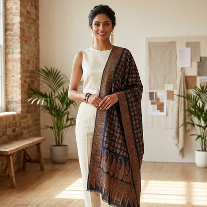 A woman stands in a bright, modern room with wood floors and plants, wearing a white sleeveless top and pants with a dark navy and brown patterned shawl draped over her shoulder.