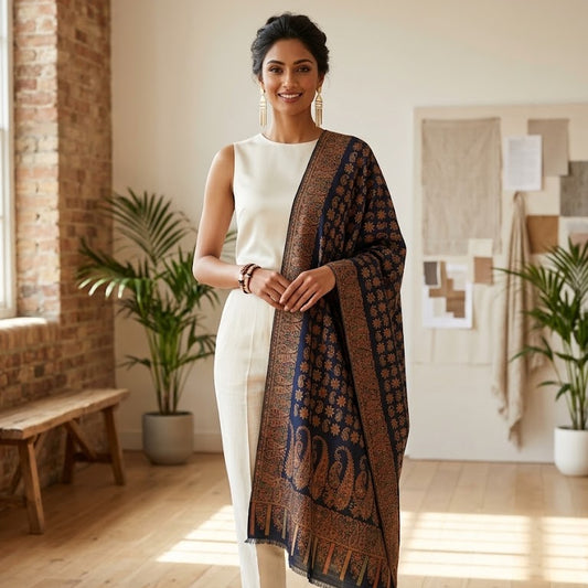 A woman stands in a bright, modern room with wood floors and plants, wearing a white sleeveless top and pants with a dark navy and brown patterned shawl draped over her shoulder.