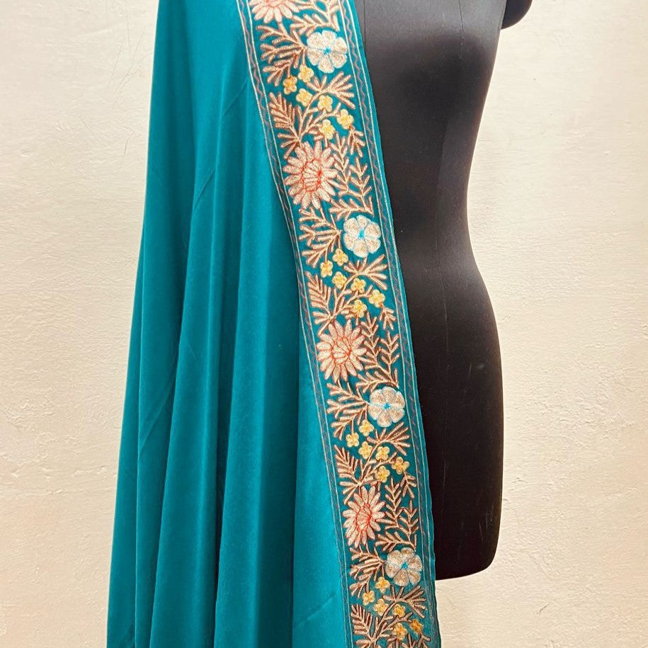 Women’s Wool Shawl - Pure Tilla Embroidery Border - Dark Blue