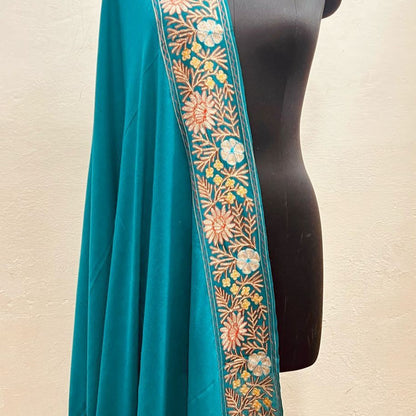 Women’s Wool Shawl - Pure Tilla Embroidery Border - Dark Blue