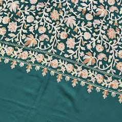 Teal fabric with floral pattern on a wooden floor