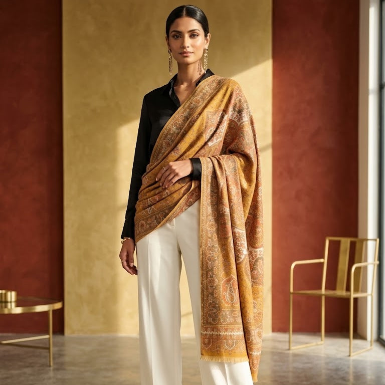 A woman models a draped mustard yellow and brown paisley shawl over a black top and white trousers in a modern, warm-toned indoor setting.