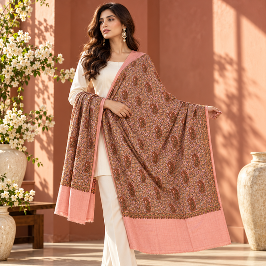 A woman models a brown and pink printed shawl draped over a white pants set in an outdoor patio setting with terracotta walls and decorative vases.