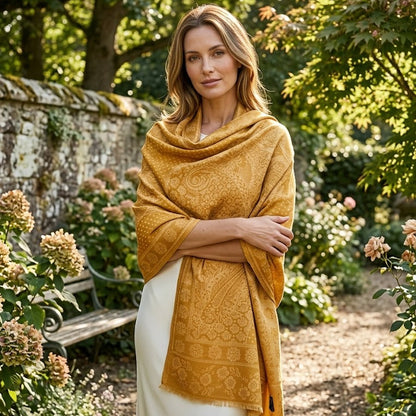 Woman wearing a mustard yellow shawl in a garden setting