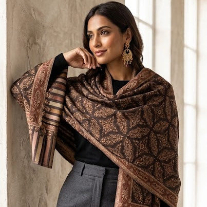 A woman models a brown patterned shawl with fringe over a black top and charcoal gray trousers, standing in a hallway with a textured concrete wall.