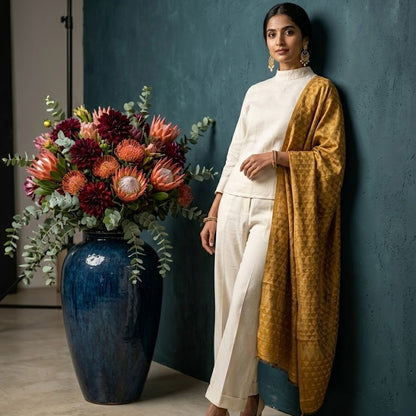 Woman in a mustard long-sleeve top and white pants standing next to a large blue vase with flowers against a dark wall.