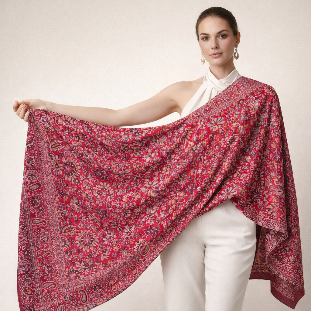 Kani Shawl in maroon on a female model