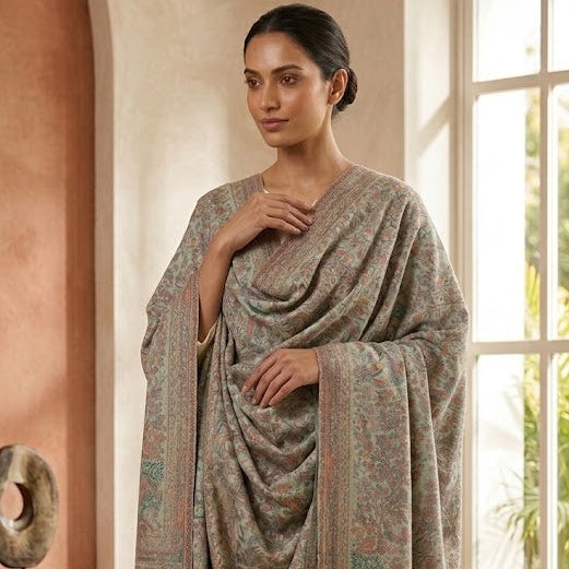 Woman wearing a patterned shawl in a bright room with large windows.