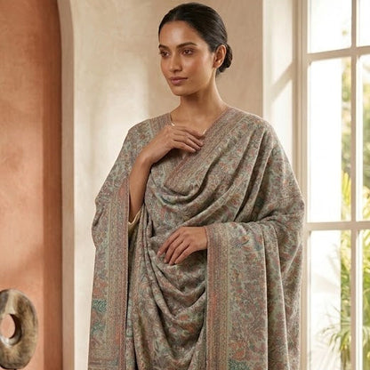 Woman wearing a patterned shawl in a bright room with large windows.