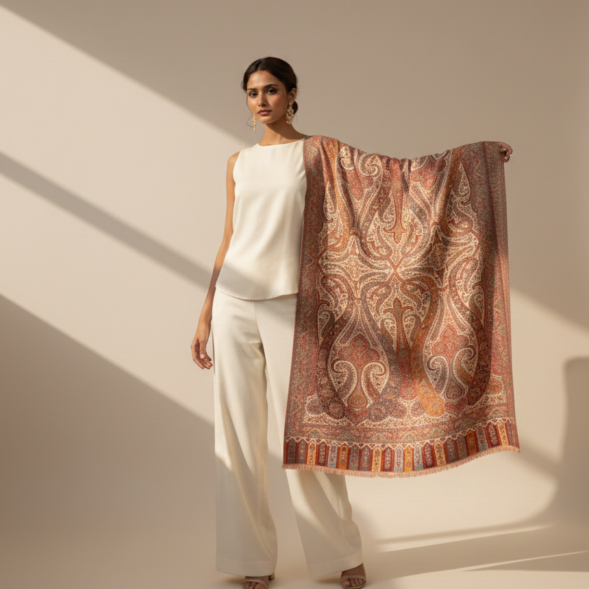 Woman holding a patterned scarf against a neutral background