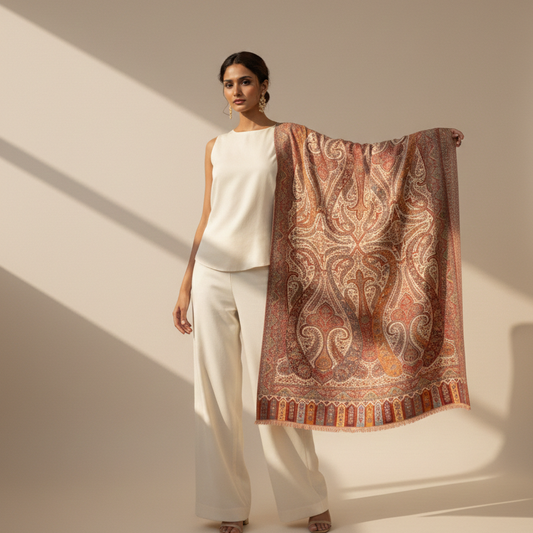 Woman holding a patterned scarf against a neutral background