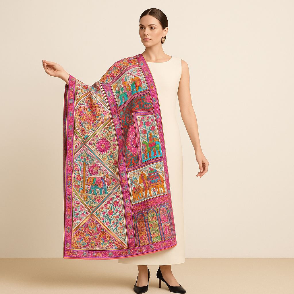 Woman holding a colorful patterned pashmina shawl against a beige background