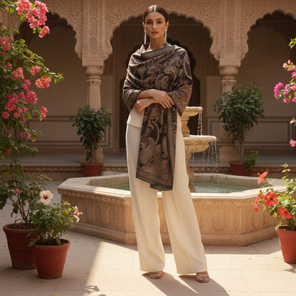 Woman in traditional attire standing in a courtyard with floral decorations