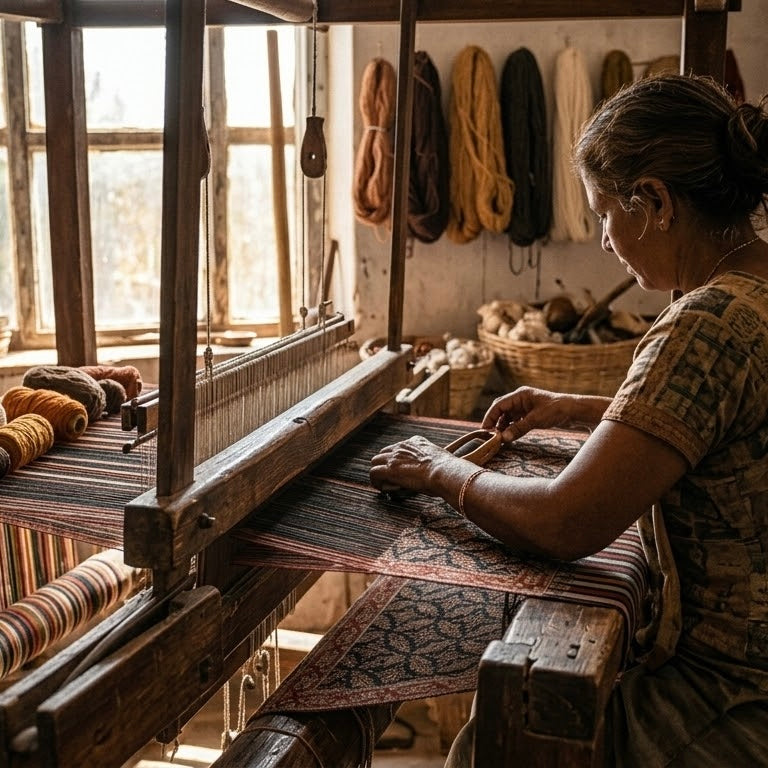 A woman weaving a patterned rug on a large wooden loom inside a sunlit workshop, with colorful yarn spools hanging on the wall and baskets nearby.