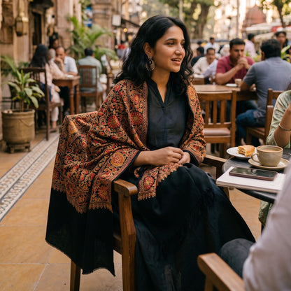A woman seated at an outdoor cafe table wearing a black outfit and a rust-orange patterned shawl with a black border. The background shows a warm, bustling street scene with other patrons and buildings.