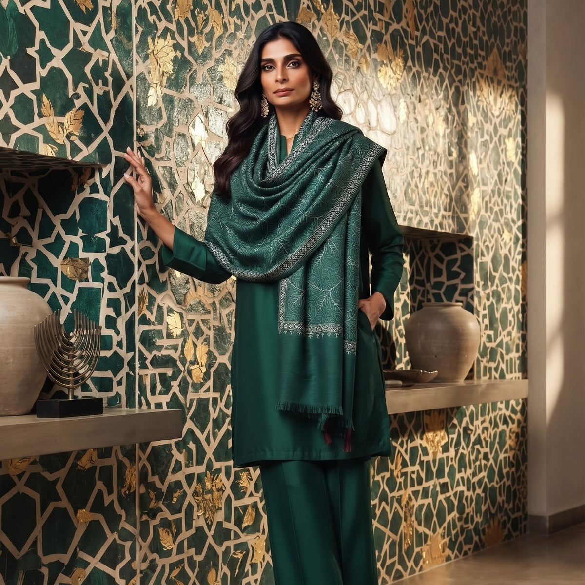Green Nalki Wool Blend Stole - Embroidered Wrap for Everyday Wear