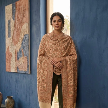 Beige Kani Wool Shawl - Scattered Floral Design for Everyday Wear