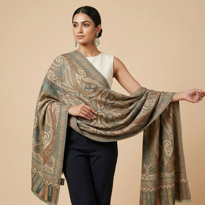 Woman wearing a patterned shawl on a beige background