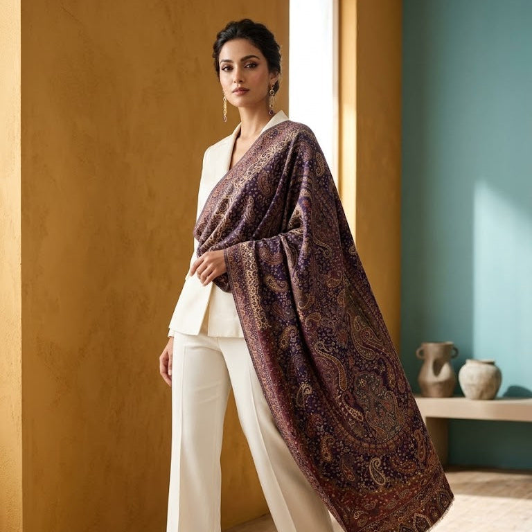 A woman models a large, draped shawl with an intricate paisley pattern in deep purple, burgundy, and gold, styled over a cream-colored blazer and wide-leg trousers in a warm, modern interior setting.