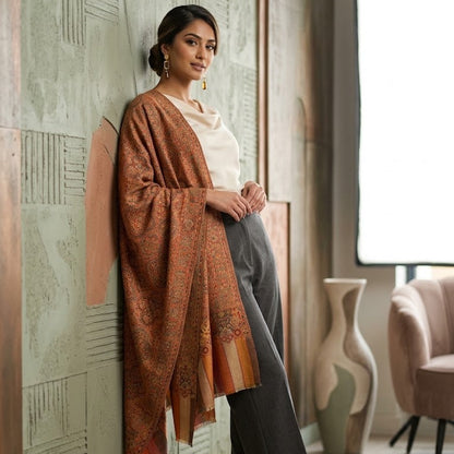 A woman models a rust-orange patterned shawl draped over her shoulders, paired with a white top and dark gray trousers, standing in a modern interior setting with textured walls and neutral decor.