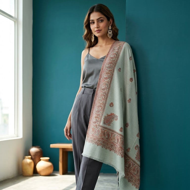 A woman models a light sage green shawl with a dusty rose paisley border and motifs, draped over her shoulders. She is wearing a grey camisole and grey trousers, standing in a room with a dark teal wall and a window.