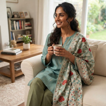 A woman sits on a cream sofa in a bright living room, holding a mug. She is wearing a sage green kurta and olive green trousers, with a matching sage green shawl draped over her shoulders featuring a red and pink floral pattern.