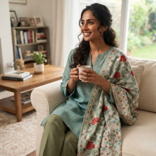 A woman sits on a cream sofa in a bright living room, holding a mug. She is wearing a sage green kurta and olive green trousers, with a matching sage green shawl draped over her shoulders featuring a red and pink floral pattern.