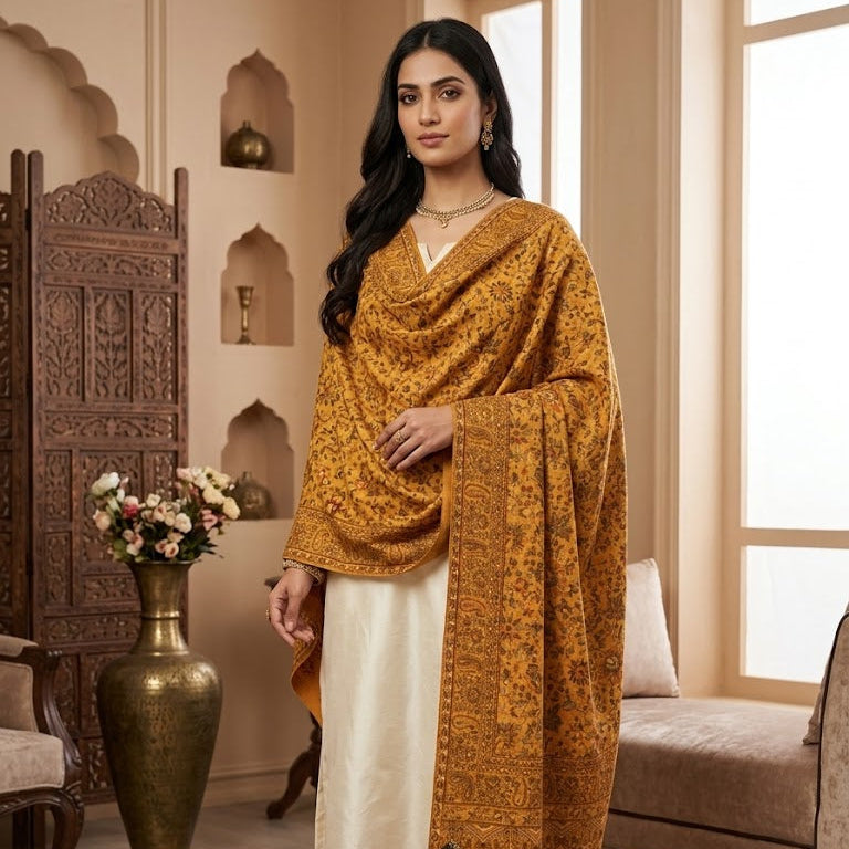 A woman models a traditional Indian outfit featuring a mustard yellow patterned shawl draped over a cream-colored kurta, set in a warm, decorated room with a carved wooden screen and a large brass vase.