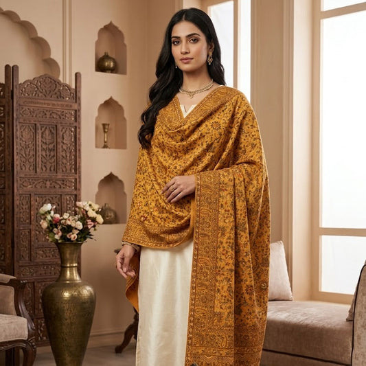 A woman models a traditional Indian outfit featuring a mustard yellow patterned shawl draped over a cream-colored kurta, set in a warm, decorated room with a carved wooden screen and a large brass vase.