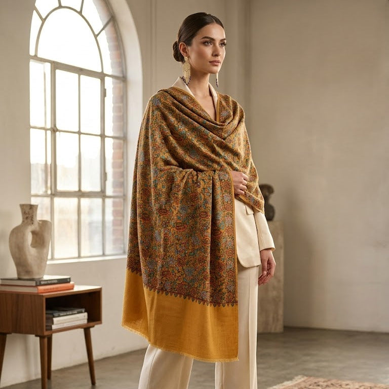 A woman models a luxurious mustard yellow and brown patterned shawl with intricate floral motifs, draped over her shoulders and paired with cream-colored pants in a bright, modern studio setting.
