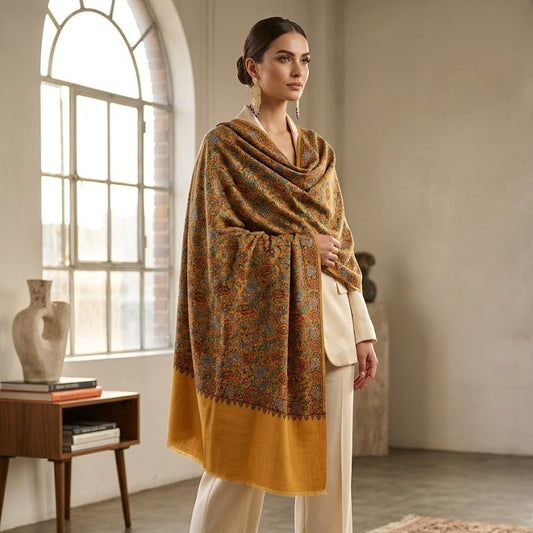 A woman models a luxurious mustard yellow and brown patterned shawl with intricate floral motifs, draped over her shoulders and paired with cream-colored pants in a bright, modern studio setting.